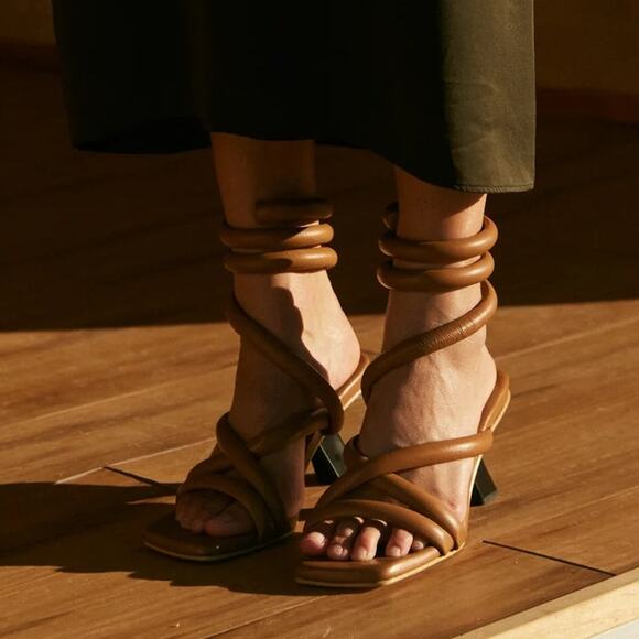 Elegant Tan Spiral Strap Sandals - Picture 2 of 10